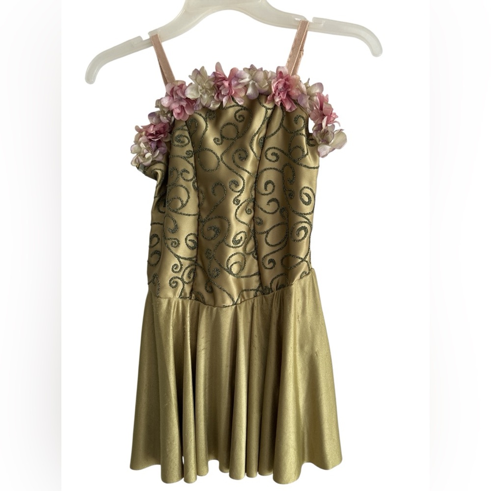 Curtain Call Dance Costume Green  w Floral Accents and headband